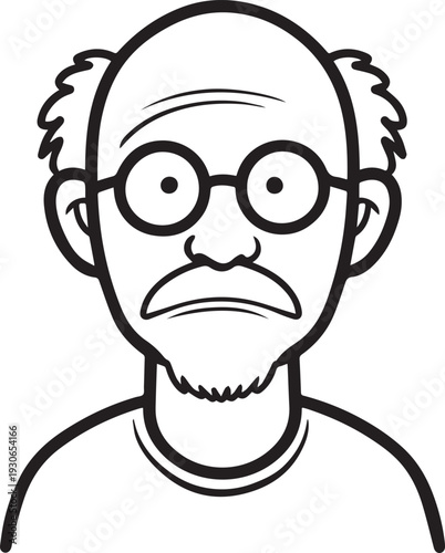 Hand Drawn Old Man Black and White Avatar Illustration in Minimal Line Art Style Design