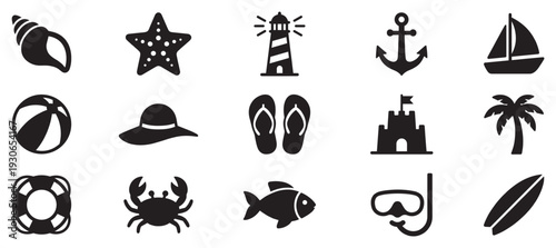 Beach and summer vacation icons collection displays various holiday symbols including a seashell, starfish, lighthouse, anchor, and sailboat.