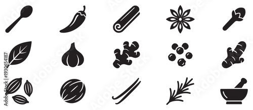 Spices and herbs collection of various cooking ingredients and kitchen tools in a modern flat black silhouette style.