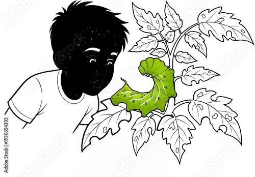 Boy curious about a large green caterpillar munching on plant leaves