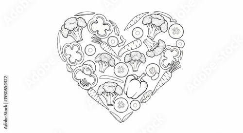 A heart-shaped arrangement of various fresh vegetables, hand-drawn in black and white