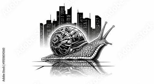 Mechanical snail with intricately detailed shell moves through a reflective cityscape
