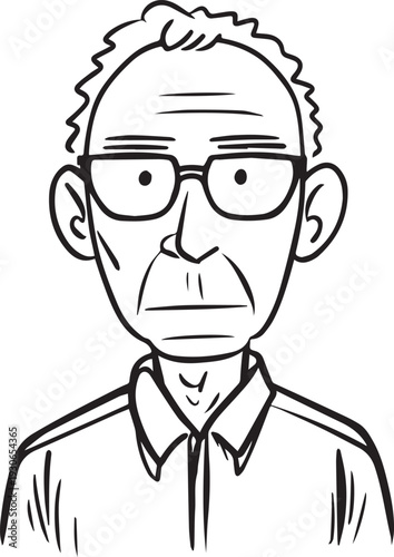 Hand Drawn Old Man Black and White Avatar Illustration in Minimal Line Art Style Design