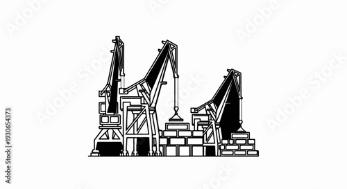 Silhouette of industrial cranes lifting building materials, constructing walls