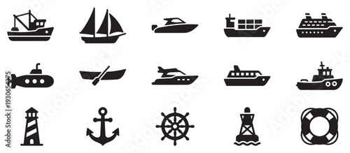Collection of marine transportation and nautical icons in a flat black silhouette style for various design projects and web use.