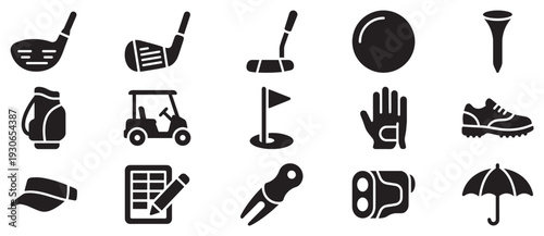 Golf equipment icons set featuring various essential items for playing the sport, including clubs, balls, tees, and accessories.
