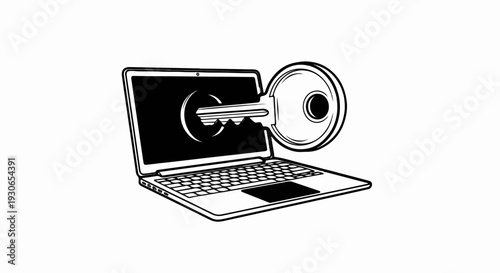 A stylized key enters a laptop screen, symbolizing access or security