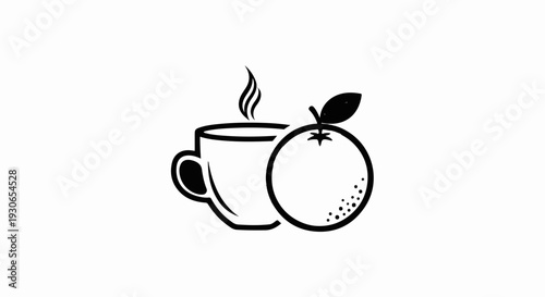 Minimalist black and white icon of steaming coffee cup next to an orange
