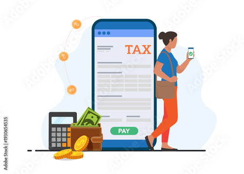 Woman Paying Taxes Online via Smartphone App Vector Stock Illustration.