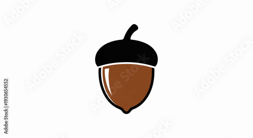 A simple, stylized illustration of a brown acorn with a black cap on a white background