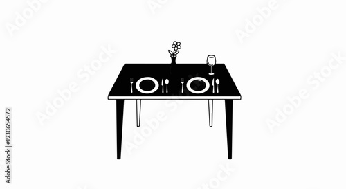 Minimalist illustration of a table set for two with a flower