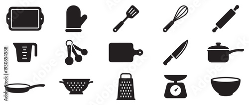 Kitchen utensils and cooking equipment icons set collection of essential tools for culinary preparation and baking activities.
