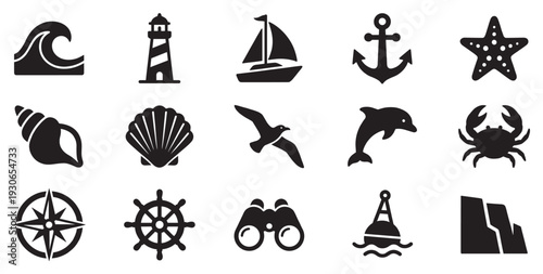 Sea and ocean icons collection featuring various nautical symbols and marine elements for travel and adventure concepts.