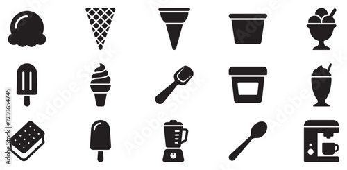 Ice cream dessert related icons collection showcasing various frozen treats, serving containers, and sweet snack items.