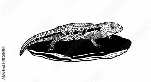 Black and white line drawing of a scaly reptile resting on a layered dark stone