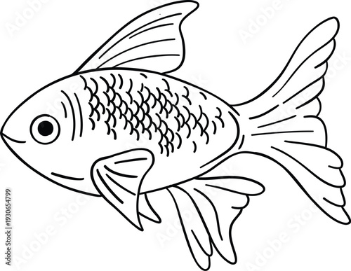 Black line art outline of a goldfish illustrated in vector for pet logo
