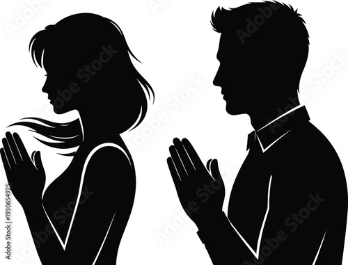 Black and white silhouette vector illustration, man and woman praying pose, spiritual reflection, meditation concept, religious gesture, faith, devotion, mindfulness art