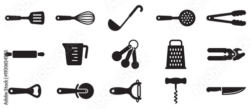 Kitchen utensils, cooking tools, and kitchenware icons set in a clean, modern, and simple black silhouette style for culinary design.