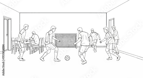 Boys play indoor soccer near a dining table, a goal net in place