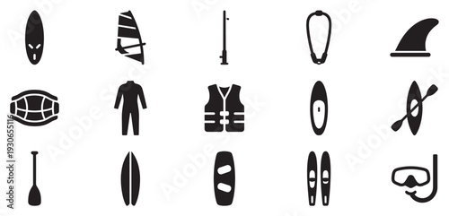 Water sports equipment icons collection featuring various aquatic gear and accessories for summer activities and recreation.