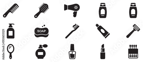 Personal care and beauty product icons are essential items for daily hygiene and grooming routines, presented in a clean, modern, and easily recognizable vector style.