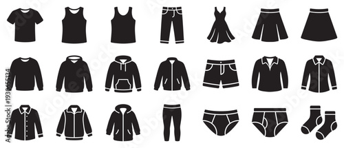 Various clothing items silhouettes collection set as icons representing different types of apparel for men and women.