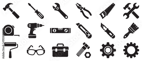 Construction tools and equipment icons set representing various building, repair, and DIY projects, useful for home improvement and maintenance tasks.