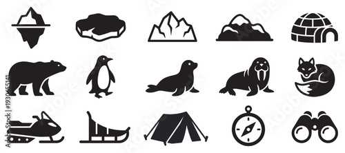 Arctic animals and exploration icons set collection featuring polar wildlife, landscapes, and adventure equipment.