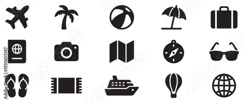 Travel and vacation icons collection featuring essential elements for planning global journeys and memorable holiday adventures.