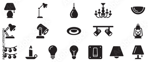 Various lighting fixtures icons collection featuring different types of illumination for home, office, and decorative purposes.