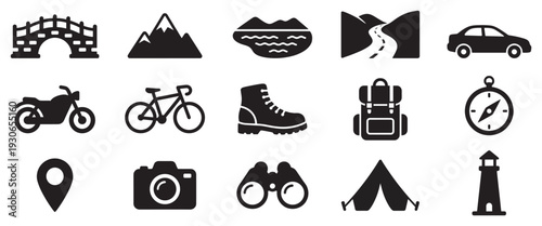 Travel adventure exploration journey vacation outdoor activity icons representing various modes of transport, destinations, and gear for an exciting trip.
