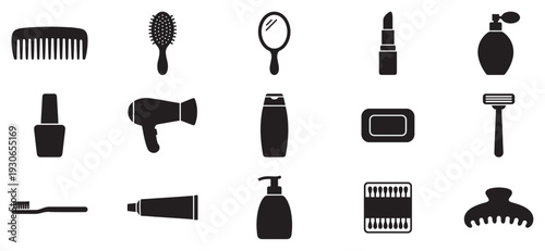 Personal care items and beauty products collection featuring essential hygiene, cosmetic, and grooming tools for daily routines.