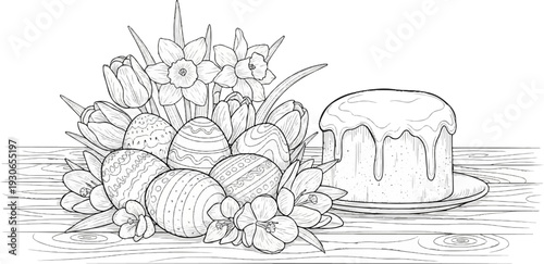 A collection of ornately decorated Easter eggs and blooming flowers alongside a frosted cake