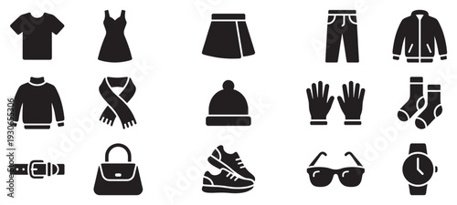 Clothing and accessories icons set featuring various fashion items such as shirts, dresses, pants, shoes, and bags for apparel design.