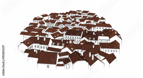 A collection of tightly packed, brown-roofed buildings creates a densely populated cityscape