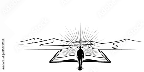 Silhouette of person stands on open book, sunbeams rise over desert landscape