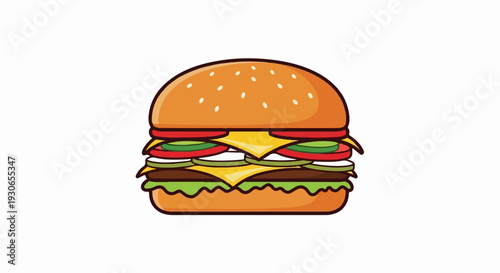 A colorful illustration of a juicy, stacked burger with a sesame seed bun
