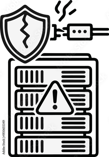Cracked shield and warning sign on server with disconnected power cord