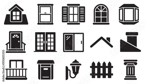 Architectural elements and home features icons set in a clean, modern, and minimalist black silhouette style, perfect for various design projects.