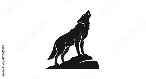 Black silhouette of a wolf standing on a rock howling at the moon in a minimalist style