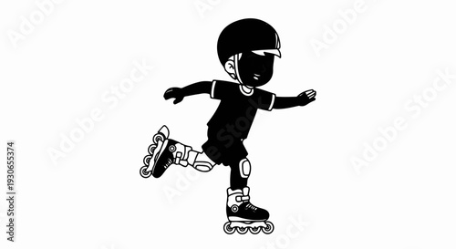 Silhouetted child wearing helmet, knee pads, and roller skates glides on wheels