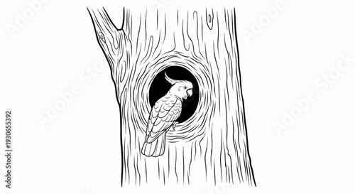 A crested bird rests in a hollowed tree trunk, rendered in bold black outlines