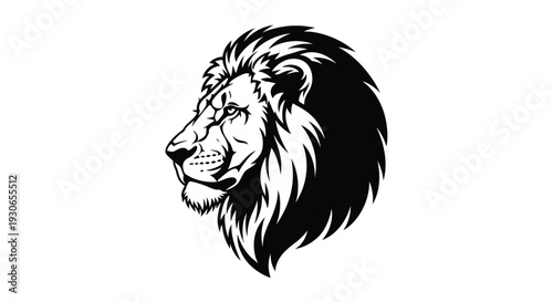 Majestic lion head in black and white illustration with detailed mane and whiskers on plain background