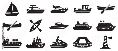 Various water transportation vehicles and navigation icons collection illustrating different types of boats, ships, and maritime elements.