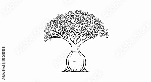 A stylized outline drawing of a flowering tree with a bulbous trunk and delicate blossoms