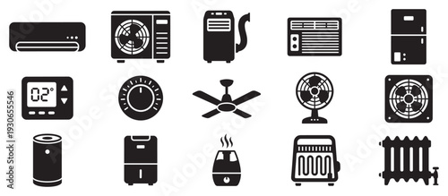HVAC climate control air conditioning heating ventilation icons set representing various temperature regulation and air quality devices for homes and offices.