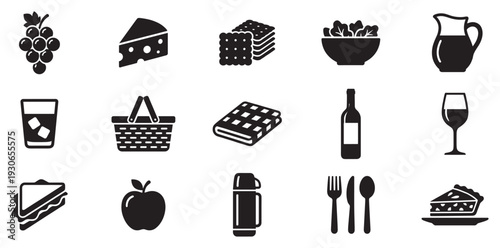 Collection of various picnic food and drink items are depicted as simple black silhouette icons for design projects.