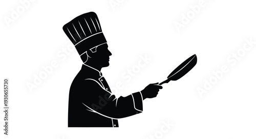 Chef silhouette holding frying pan in kitchen cooking symbol culinary art professional chef food preparation black and white illustration