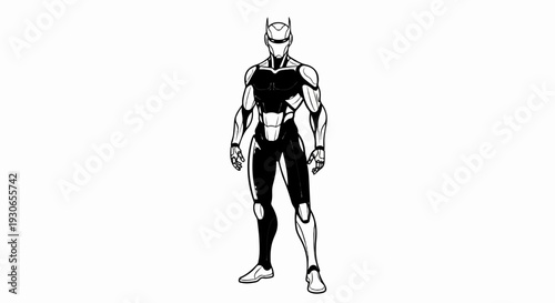 A detailed illustration of a futuristic android with a black and white body, standing