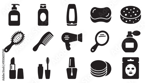 Cosmetic and hygiene products icons vector illustration set depicting essential items for beauty, grooming, and daily personal care routines.